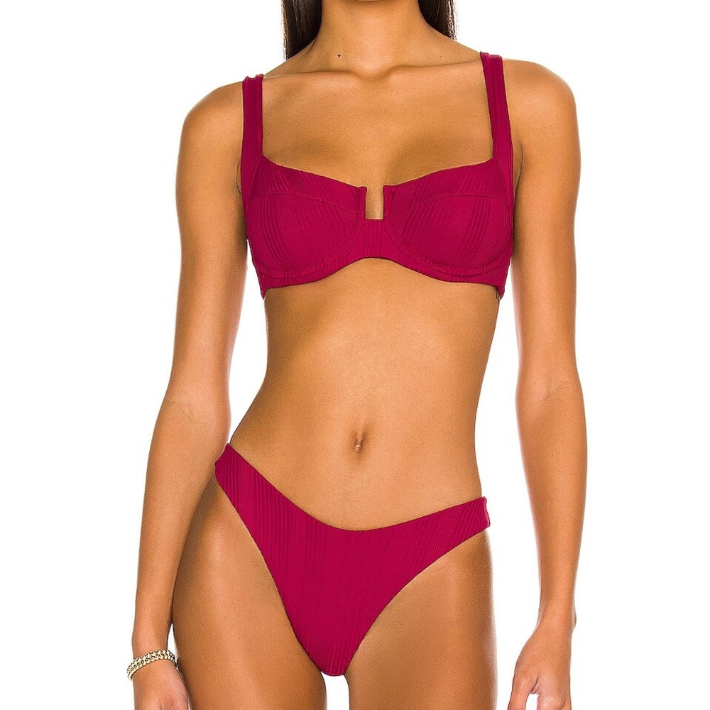 l*space Ribbed Underwire Bikini Top and High Waist Bottoms in Burgundy - Picture 7 of 8